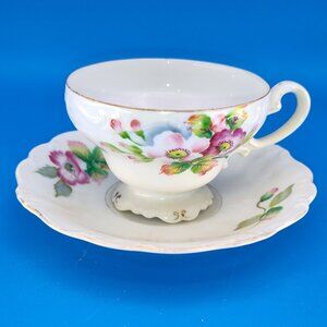 Vintage Occupied Japan White Floral Demitasse Teacup & Saucer